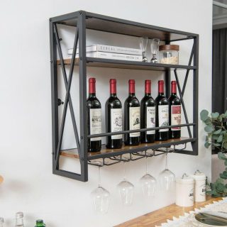 Wine Racks | 3-Tiers Industrial Wall Mounted Wine Rack with Glass Holder and Metal Frame Rustic Brown Kitchen Organization Rustic Brown