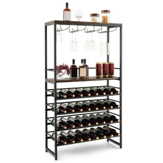 Wine Racks | Freestanding Wine Bakers Rack with 4-Tier Wine Storage and 4 Rows of Stemware Racks Kitchen Organization Wine Racks