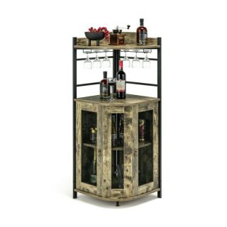 Wine Racks | Industrial Corner Bar Cabinet with Glass Holder and Adjustable Shelf Taupe Kitchen Organization Taupe