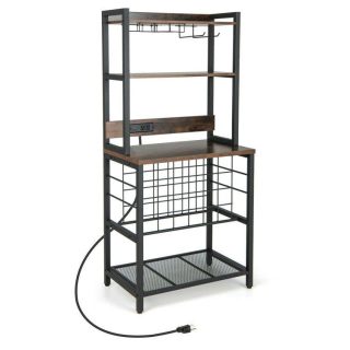 Wine Racks | Wine Bar Cabinet Wine Rack with 4 Tier Storage Shelves and Glass Holders Brown Kitchen Organization Brown