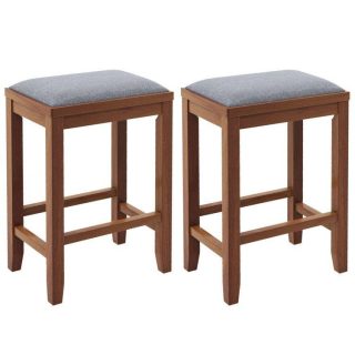 Bar Stools | 2 Pieces 25 Inch Upholstered Bar Stool Set with Solid Rubber Wood Frame and Footrest Brown Bar Stools Bar Stools