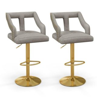 Bar Stools | Set of 2 Bar Chairs with Footrest and 2-Layer Electroplated Metal Base Gray Bar Stools Bar Stools