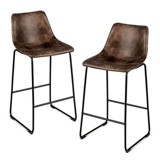 Bar Stools | Set of 2 Bar Stool Faux Suede Upholstered Chairs Brown Bar Stools Bar Stools