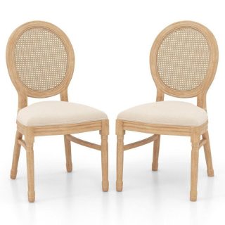 Dining Chairs | Set of 2 Dining Chairs French Style Kitchen Chair with Hand-Woven Rattan Backrest Beige Dining Chairs Beige