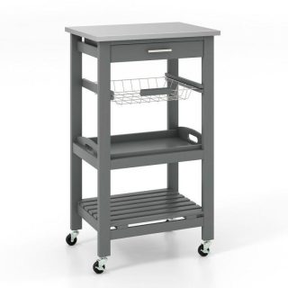 Kitchen Islands & Carts | Kitchen Island Cart with Stainless Steel Tabletop and Basket Gray Kitchen & Dining Gray