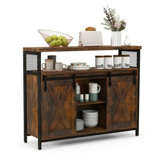 Sideboards, Cabinets & Buffets | Buffet Cabinet with 3-Level Adjustable Shelves and 2 Sliding Barn Doors Rustic Brown Kitchen & Dining Rustic Brown