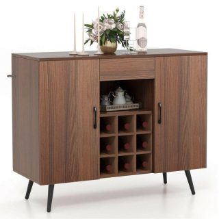 Sideboards, Cabinets & Buffets | Mid-century Modern Buffet Sideboard Server Cabinet with 9-Bottle Wine Rack Walnut Kitchen & Dining Sideboards, Cabinets & Buffets