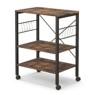 Baker’s Racks | 3-Tier Kitchen Baker’s Rack Microwave Oven Storage Cart with Hooks Rustic Brown Baker's Racks Baker's Racks