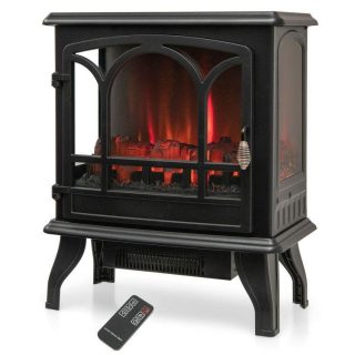 Fireplaces | 1400W Electric Stove Heater with 3-Level Flame Effect and 3-Sided View Black Climate Control Appliances Black