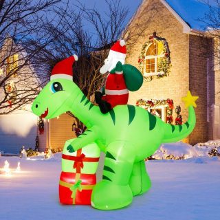 Christmas | 8 Feet Lighted Christmas Inflatable Santa Claus Dinosaur Decoration with Gift Boxes Green+White+Red Christmas Christmas