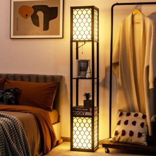 Table & Floor Lamps | Modern Shelf Freestanding Floor Lamp with Double Lamp Pull Chain and Foot Switch Black+ White Lighting Black+ White